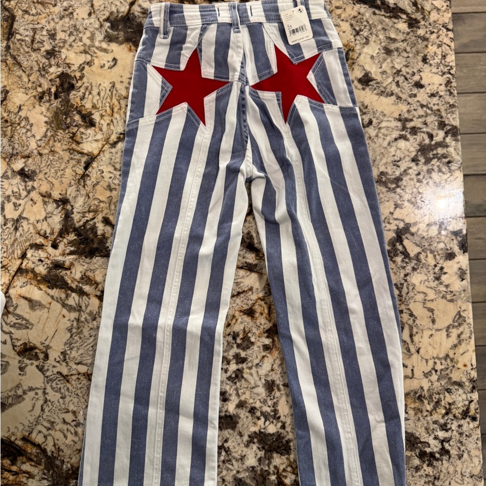 *NWT* Free People Blue and White Striped Pants with Red Star